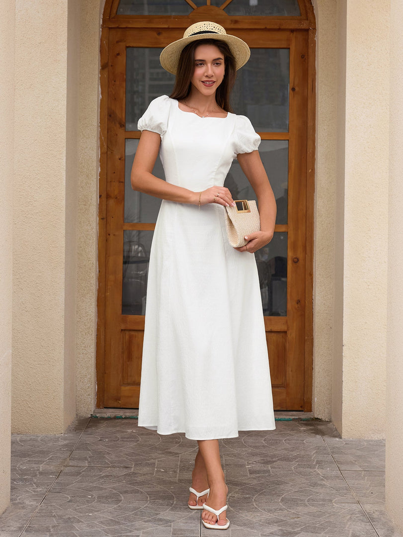 Puff Sleeve Backless Bow Tie Pocket Long Dress | Vacation Dress