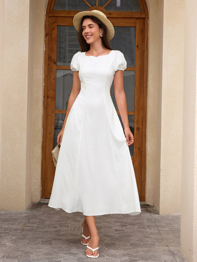 Puff Sleeve Backless Bow Tie Pocket Long Dress | Vacation Dress