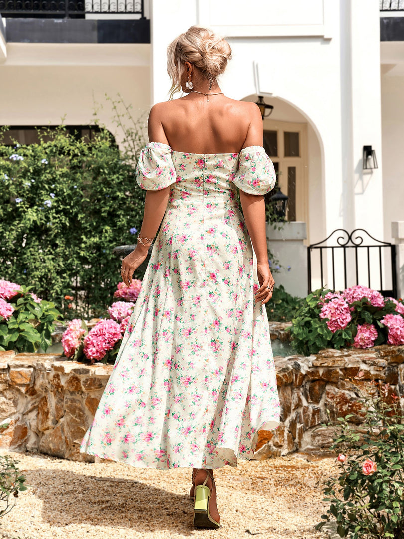 Puff Sleeve High Split Floral Print Dress | Wedding Guest Dress, Vacation Dress
