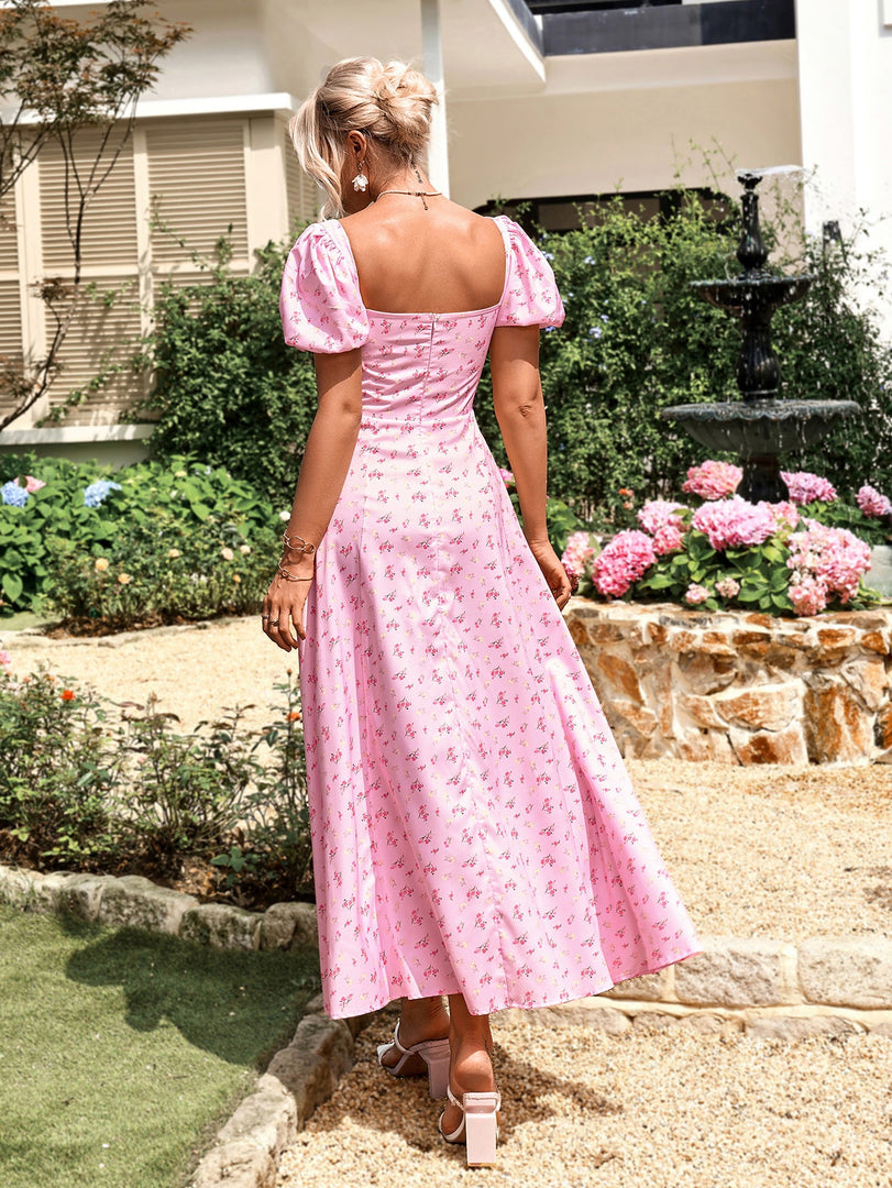 Puff Sleeve High Split Floral Print Dress | Wedding Guest Dress, Vacation Dress