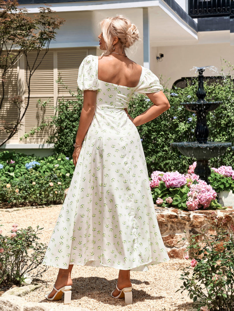 Puff Sleeve High Split Floral Print Dress | Wedding Guest Dress, Vacation Dress