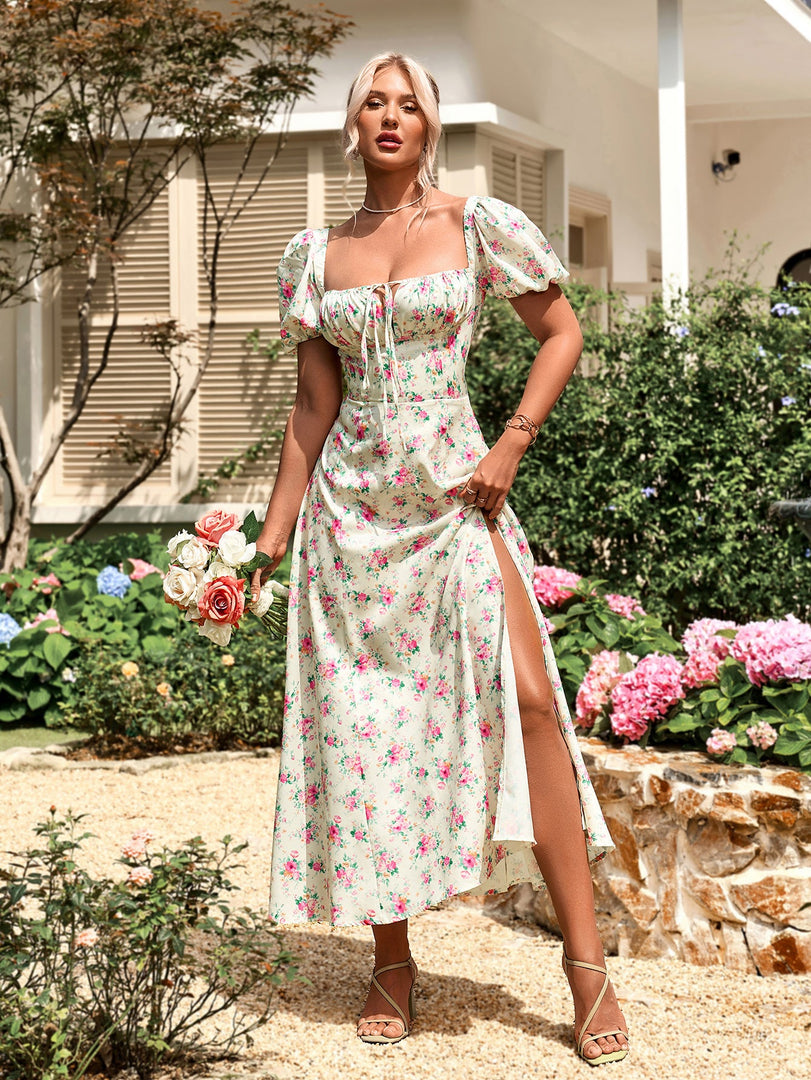 Puff Sleeve High Split Floral Print Dress | Wedding Guest Dress, Vacation Dress