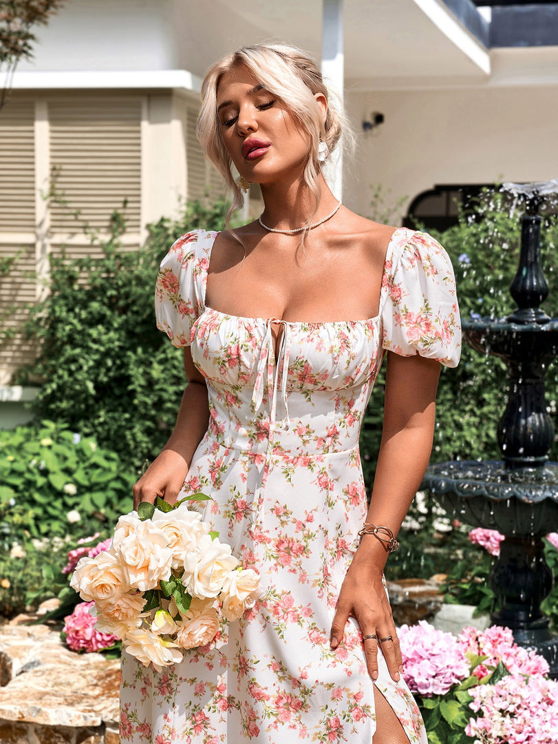 Puff Sleeve High Split Floral Print Dress | Wedding Guest Dress, Vacation Dress