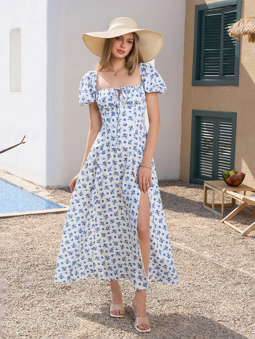 Puff Sleeve High Split Floral Print Dress | Wedding Guest Dress, Vacation Dress