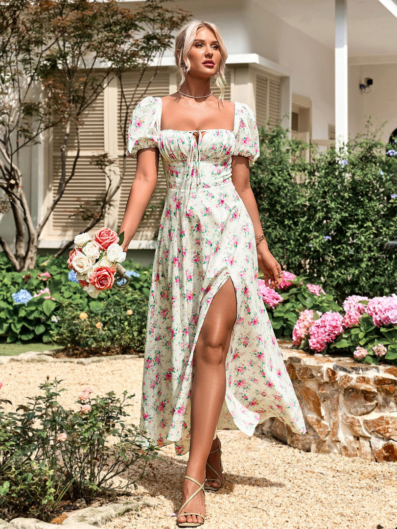Puff Sleeve High Split Floral Print Dress | Wedding Guest Dress, Vacation Dress