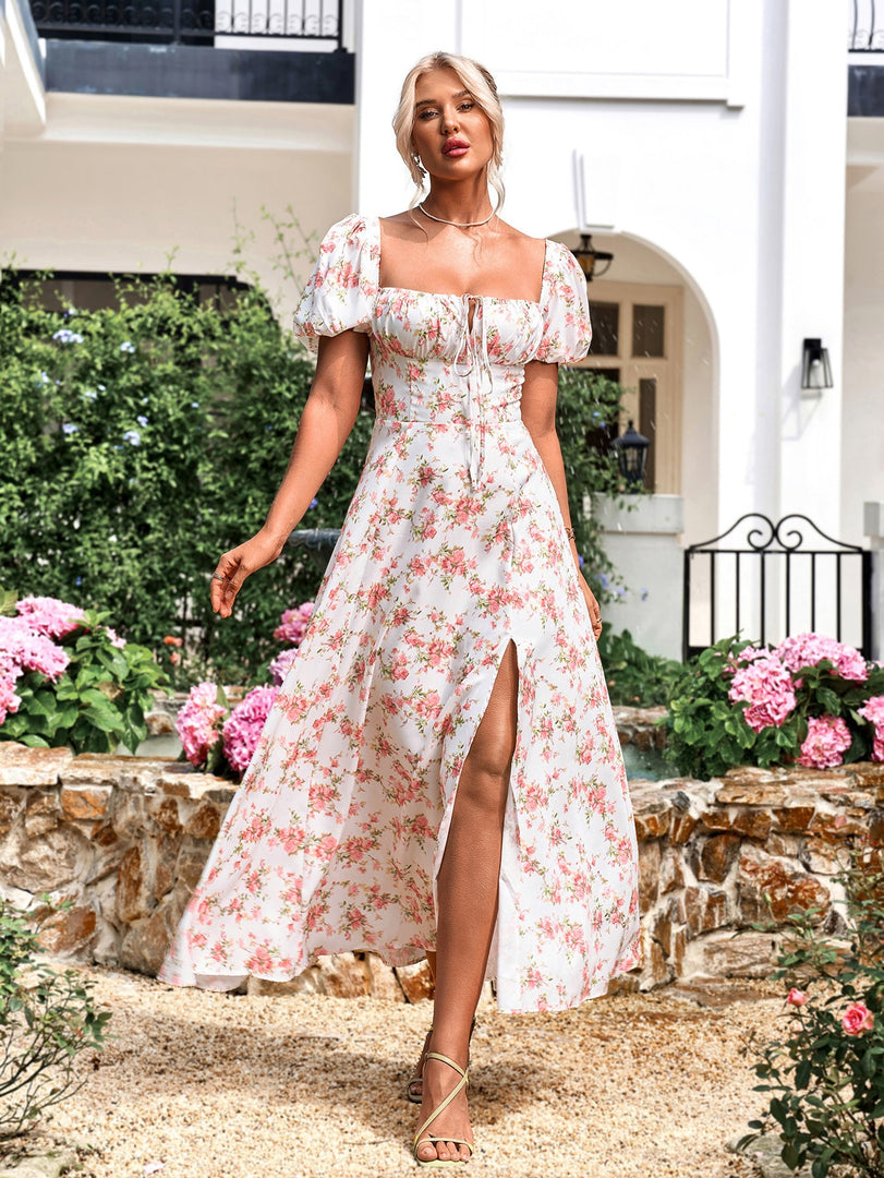 Puff Sleeve High Split Floral Print Dress | Wedding Guest Dress, Vacation Dress