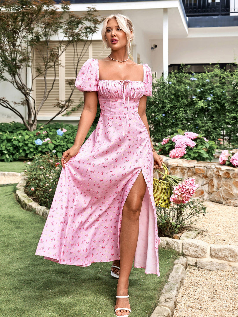Puff Sleeve High Split Floral Print Dress | Wedding Guest Dress, Vacation Dress