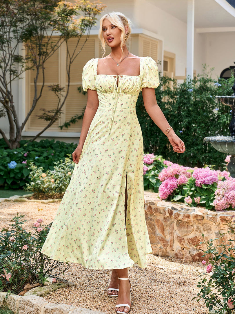 Puff Sleeve High Split Floral Print Dress | Wedding Guest Dress, Vacation Dress