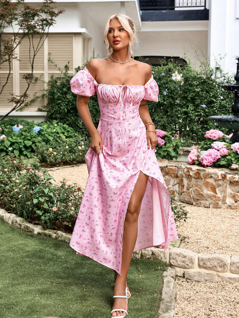 Puff Sleeve High Split Floral Print Dress | Wedding Guest Dress, Vacation Dress