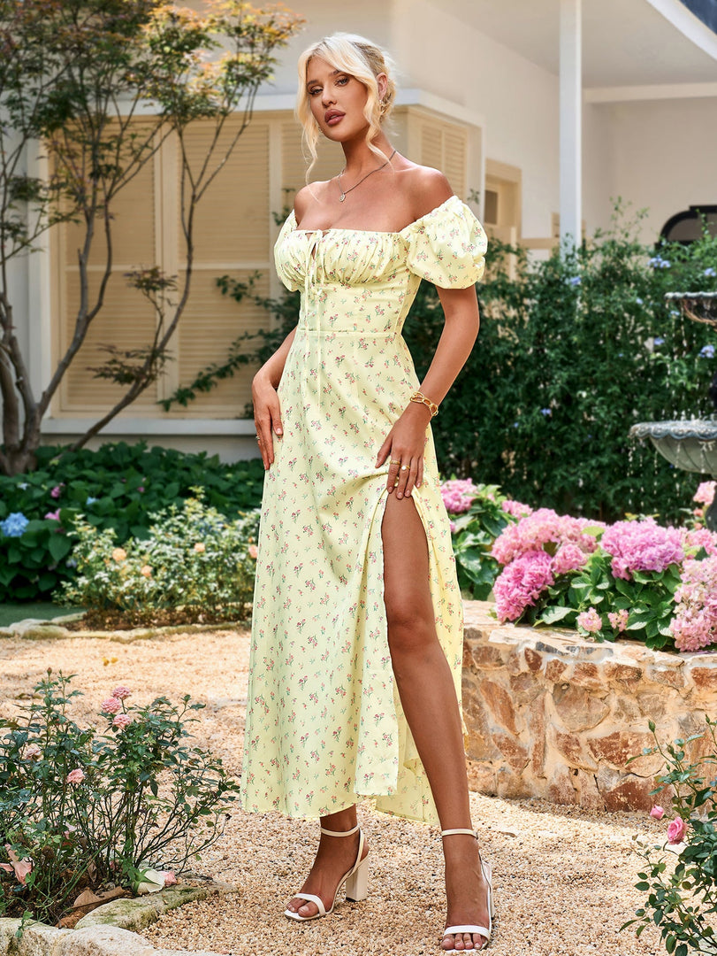 Puff Sleeve High Split Floral Print Dress | Wedding Guest Dress, Vacation Dress