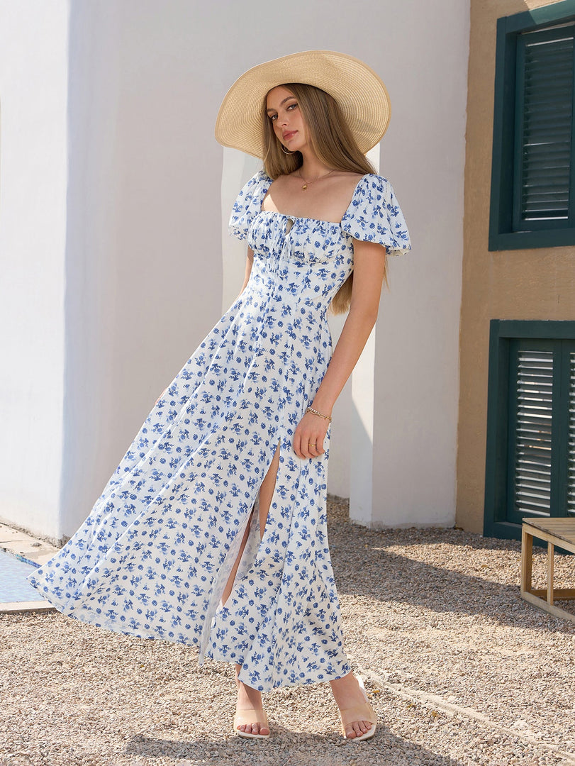 Puff Sleeve High Split Floral Print Dress | Wedding Guest Dress, Vacation Dress