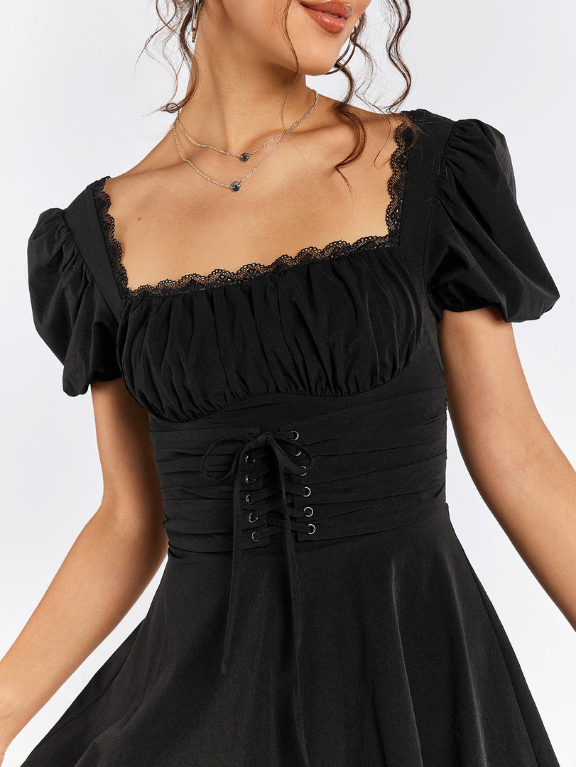 Puff Sleeve Lace Trim Backless Mini Dress | Wedding Guest Dress, Homecoming Dress