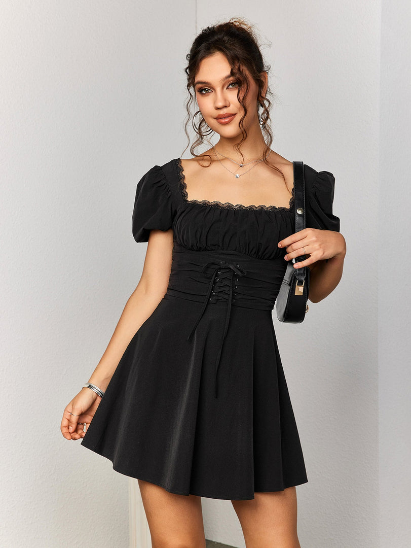 Puff Sleeve Lace Trim Backless Mini Dress | Wedding Guest Dress, Homecoming Dress