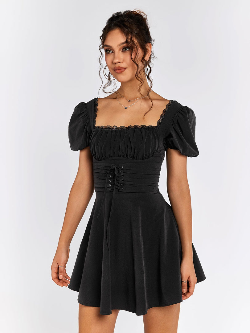 Puff Sleeve Lace Trim Backless Mini Dress | Wedding Guest Dress, Homecoming Dress