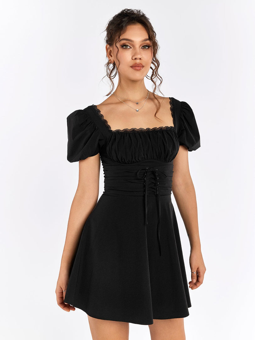Puff Sleeve Lace Trim Backless Mini Dress | Wedding Guest Dress, Homecoming Dress