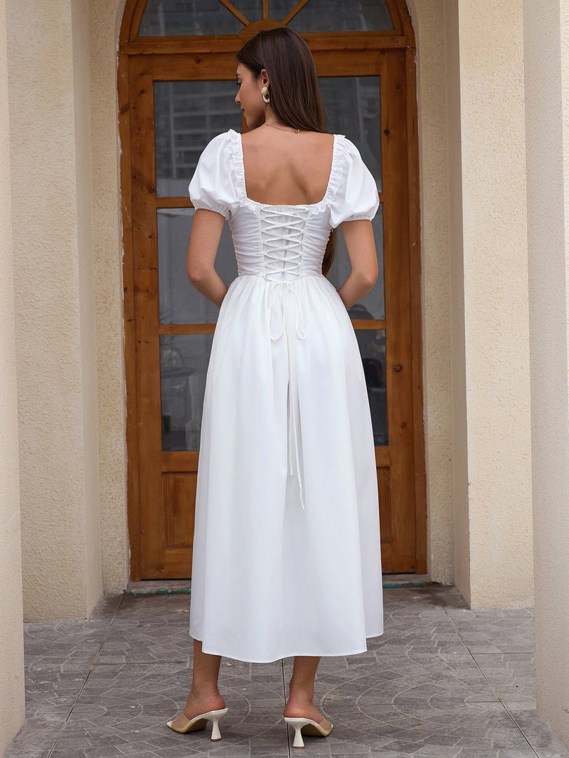 Puff Sleeve Lace Trim Ruched With Pockets Midi Dress | Wedding Guest Dress, Cocktail Dress