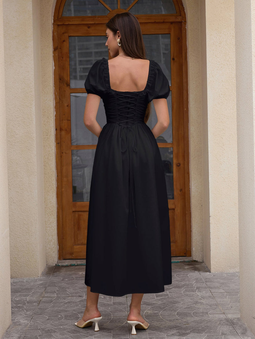 Puff Sleeve Lace Trim Ruched With Pockets Midi Dress | Wedding Guest Dress, Cocktail Dress