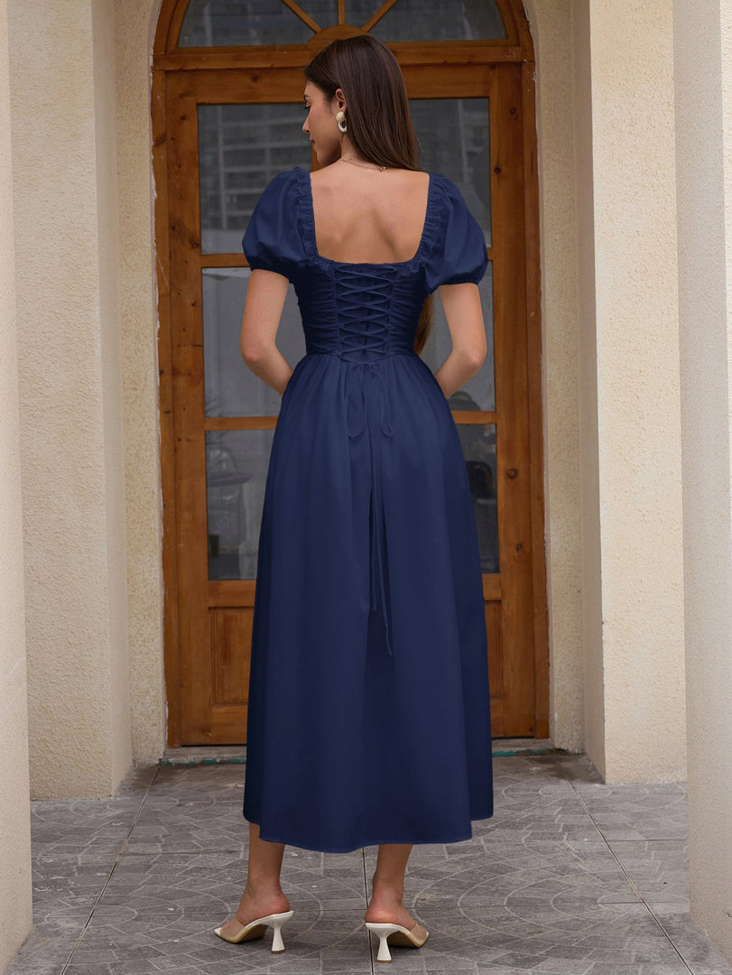 Puff Sleeve Lace Trim Ruched With Pockets Midi Dress | Wedding Guest Dress, Cocktail Dress