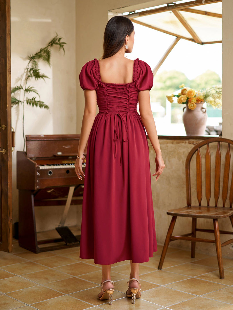 Puff Sleeve Lace Trim Ruched With Pockets Midi Dress | Wedding Guest Dress, Cocktail Dress