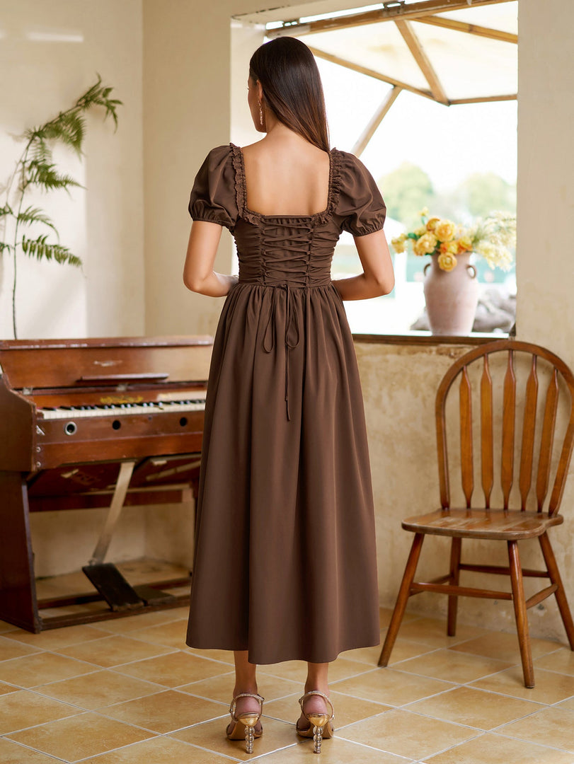 Puff Sleeve Lace Trim Ruched With Pockets Midi Dress | Wedding Guest Dress, Cocktail Dress