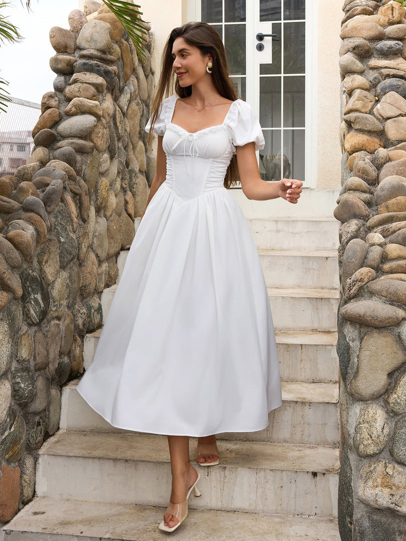 Puff Sleeve Lace Trim Ruched With Pockets Midi Dress | Wedding Guest Dress, Cocktail Dress