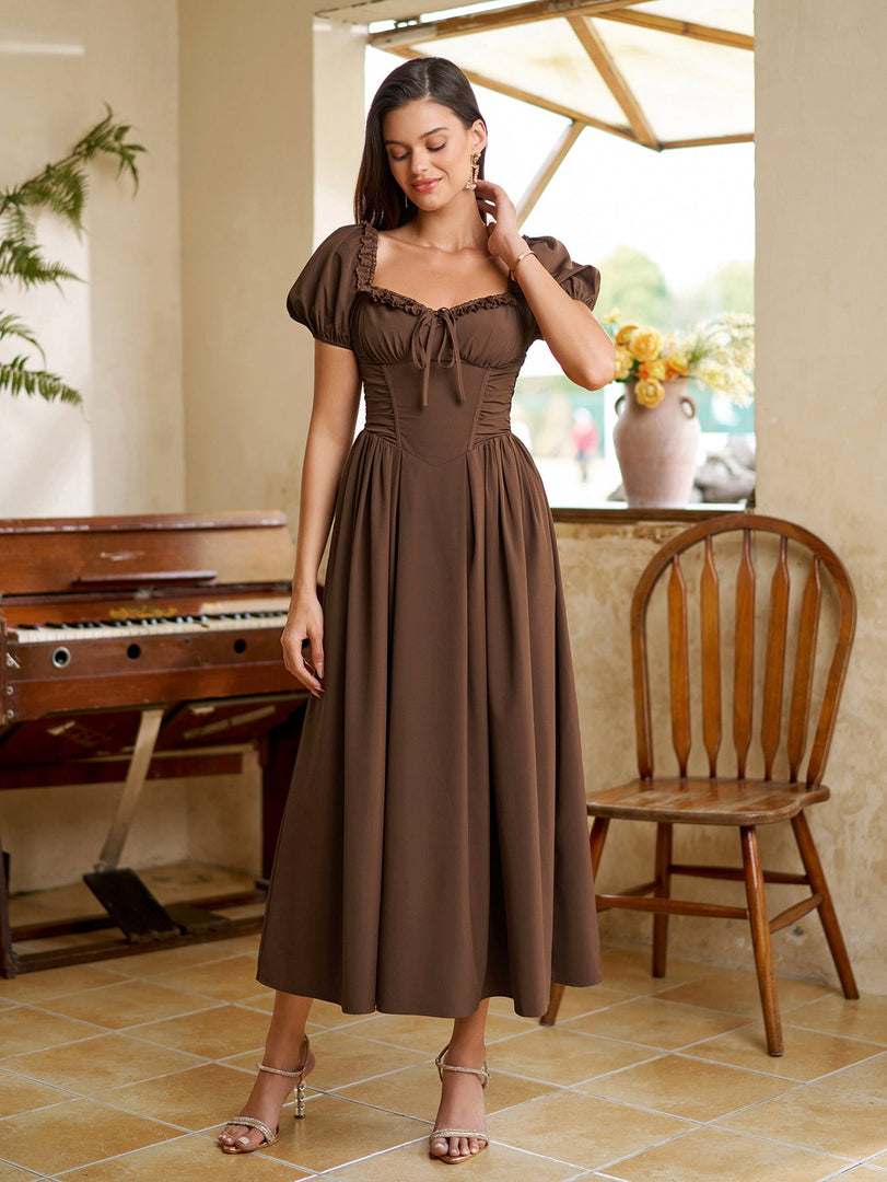 Puff Sleeve Lace Trim Ruched With Pockets Midi Dress | Wedding Guest Dress, Cocktail Dress
