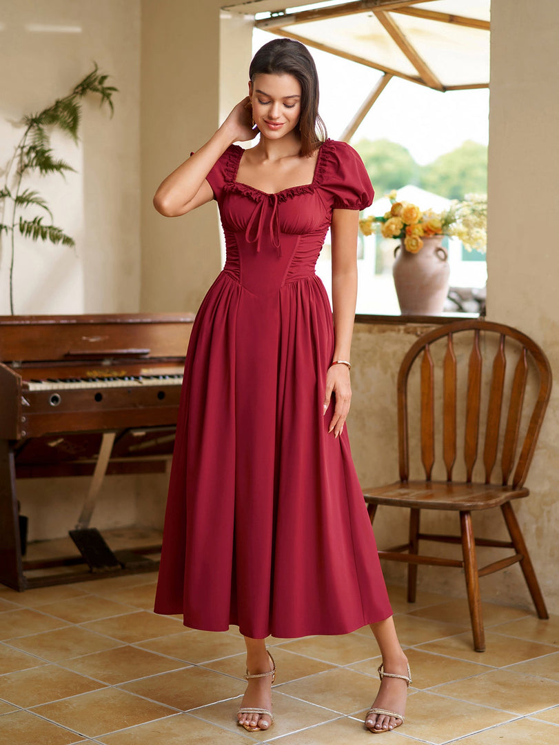 Puff Sleeve Lace Trim Ruched With Pockets Midi Dress | Wedding Guest Dress, Cocktail Dress