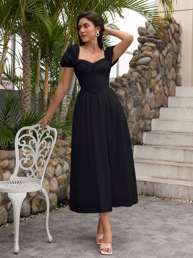 Puff Sleeve Lace Trim Ruched With Pockets Midi Dress | Wedding Guest Dress, Cocktail Dress