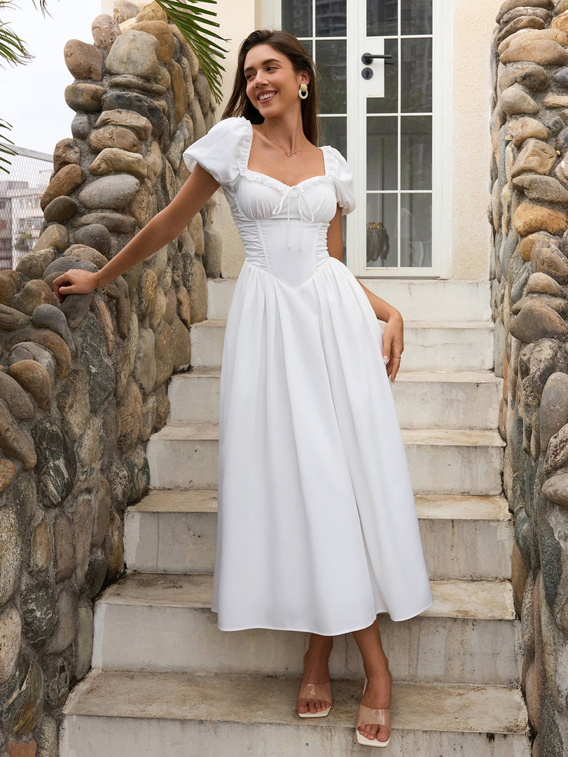 Puff Sleeve Lace Trim Ruched With Pockets Midi Dress | Wedding Guest Dress, Cocktail Dress