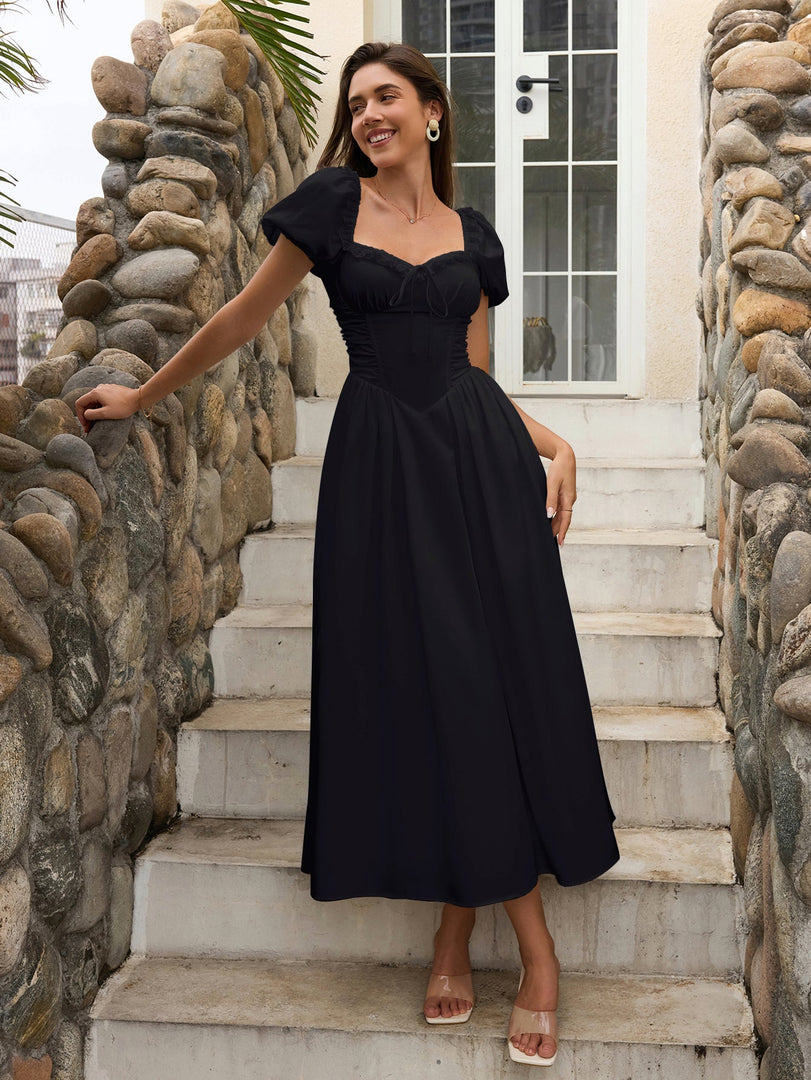 Puff Sleeve Lace Trim Ruched With Pockets Midi Dress | Wedding Guest Dress, Cocktail Dress