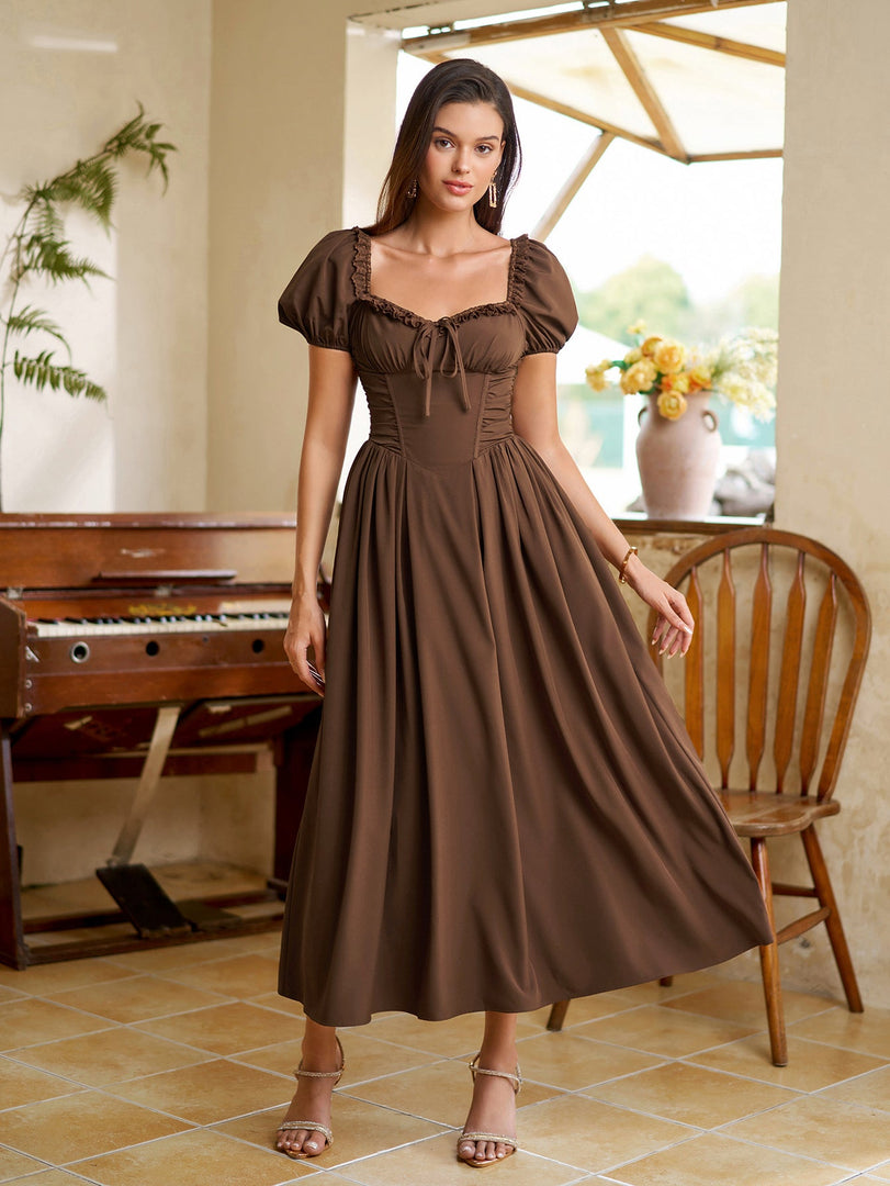 Puff Sleeve Lace Trim Ruched With Pockets Midi Dress | Wedding Guest Dress, Cocktail Dress