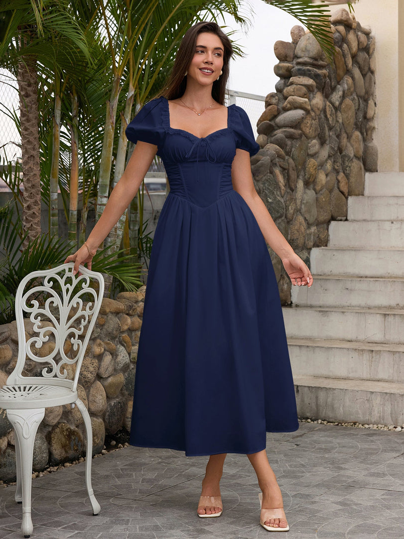 Puff Sleeve Lace Trim Ruched With Pockets Midi Dress | Wedding Guest Dress, Cocktail Dress
