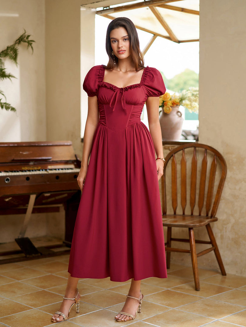 Puff Sleeve Lace Trim Ruched With Pockets Midi Dress | Wedding Guest Dress, Cocktail Dress