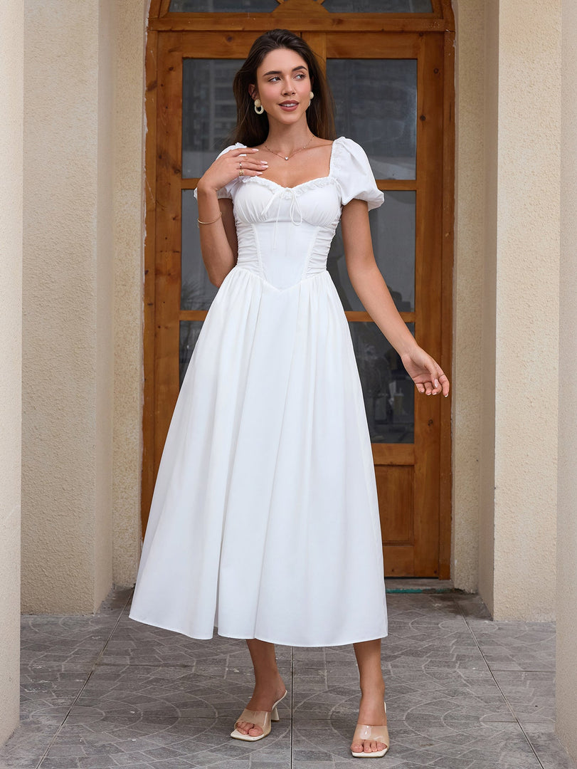Puff Sleeve Lace Trim Ruched With Pockets Midi Dress | Wedding Guest Dress, Cocktail Dress
