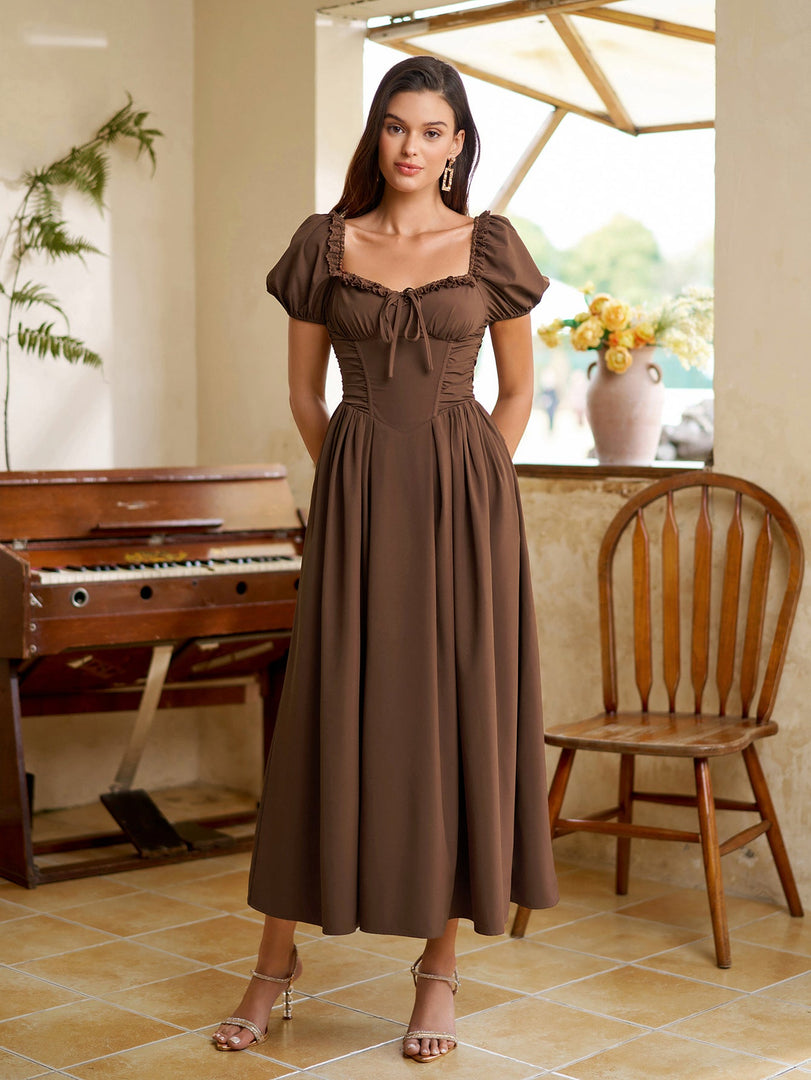 Puff Sleeve Lace Trim Ruched With Pockets Midi Dress | Wedding Guest Dress, Cocktail Dress