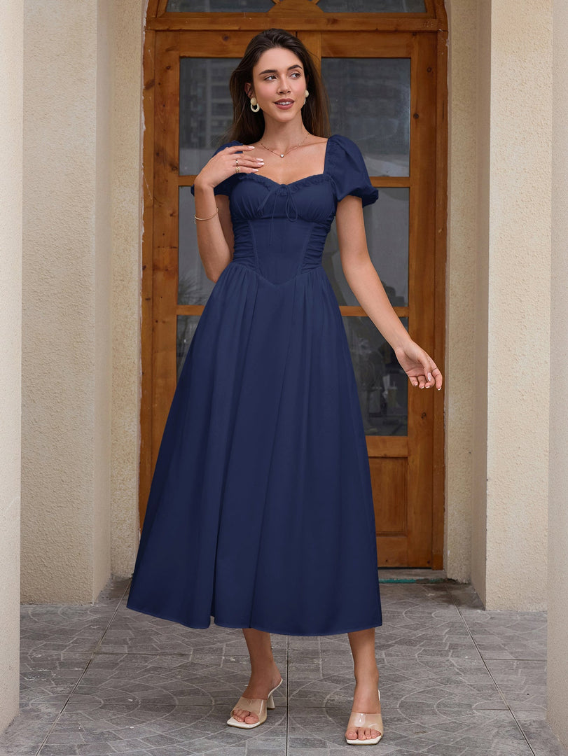 Puff Sleeve Lace Trim Ruched With Pockets Midi Dress | Wedding Guest Dress, Cocktail Dress