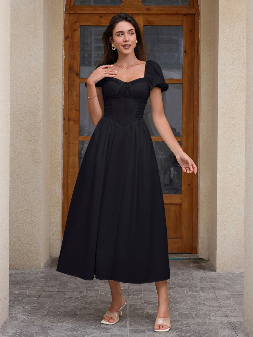 wedding guest dresses with pockets Ever-Pretty Ruffled Sweetheart A-Line Midi Fall Formal Dress Short Sleeves Designed exclusively by Wedtrend Women's Long-Sleeve Wedding Guest Dress