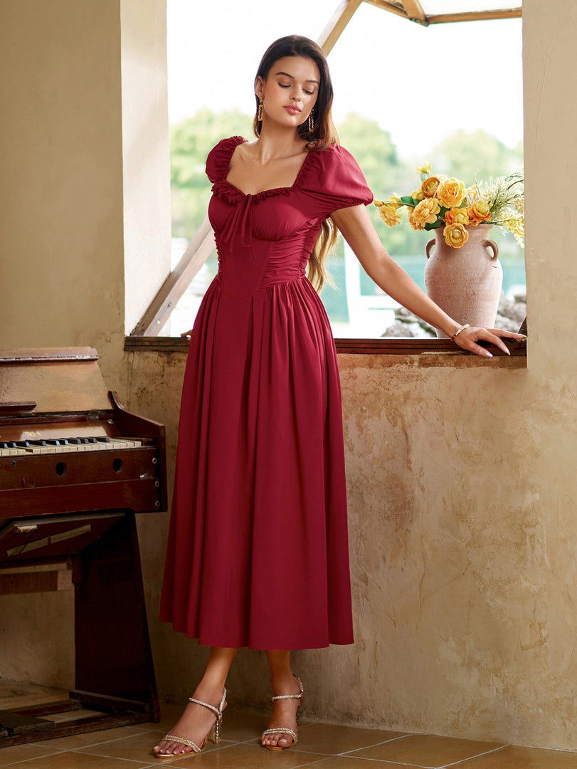 Puff Sleeve Lace Trim Ruched With Pockets Midi Dress | Wedding Guest Dress, Cocktail Dress