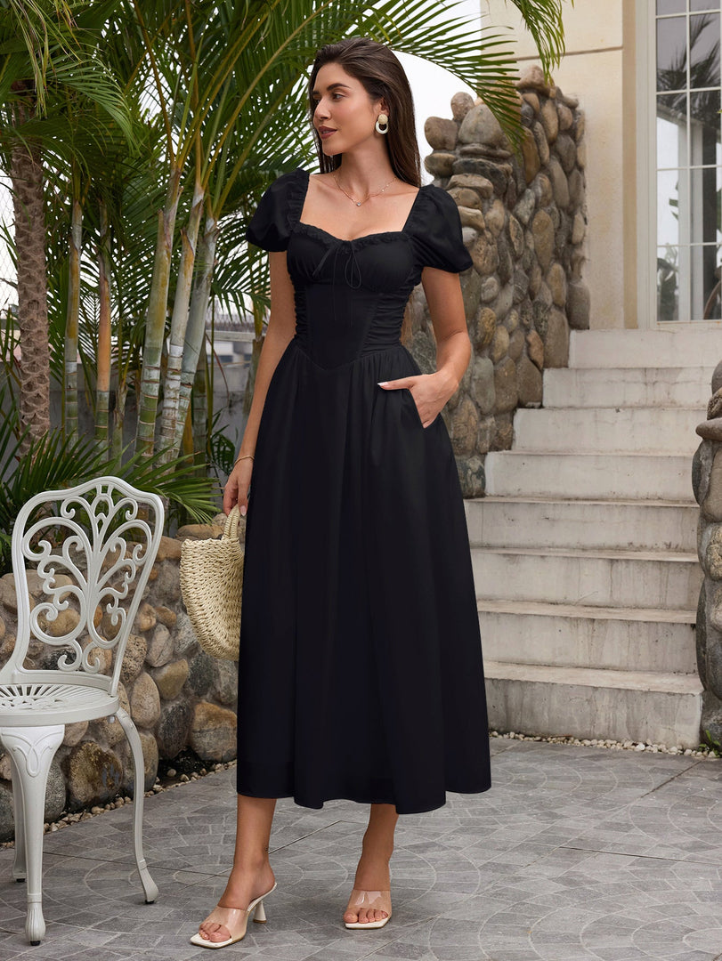 Puff Sleeve Lace Trim Ruched With Pockets Midi Dress | Wedding Guest Dress, Cocktail Dress