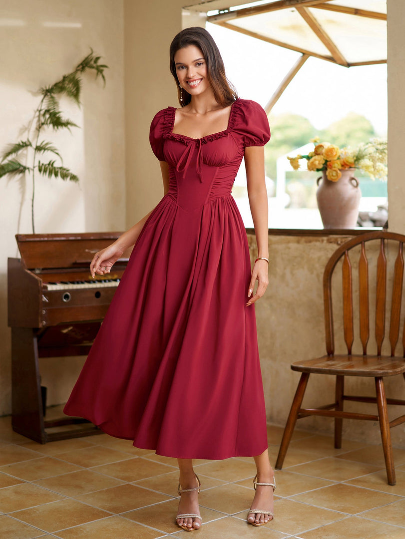 Puff Sleeve Lace Trim Ruched With Pockets Midi Dress | Wedding Guest Dress, Cocktail Dress