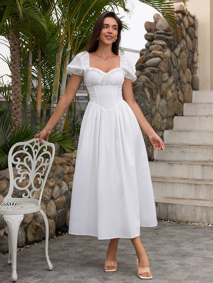 Puff Sleeve Lace Trim Ruched With Pockets Midi Dress | Wedding Guest Dress, Cocktail Dress