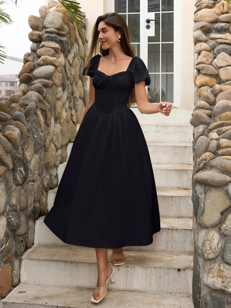 Puff Sleeve Lace Trim Ruched With Pockets Midi Dress | Wedding Guest Dress, Cocktail Dress