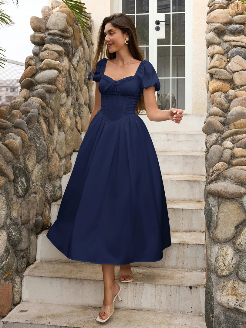 Puff Sleeve Lace Trim Ruched With Pockets Midi Dress | Wedding Guest Dress, Cocktail Dress
