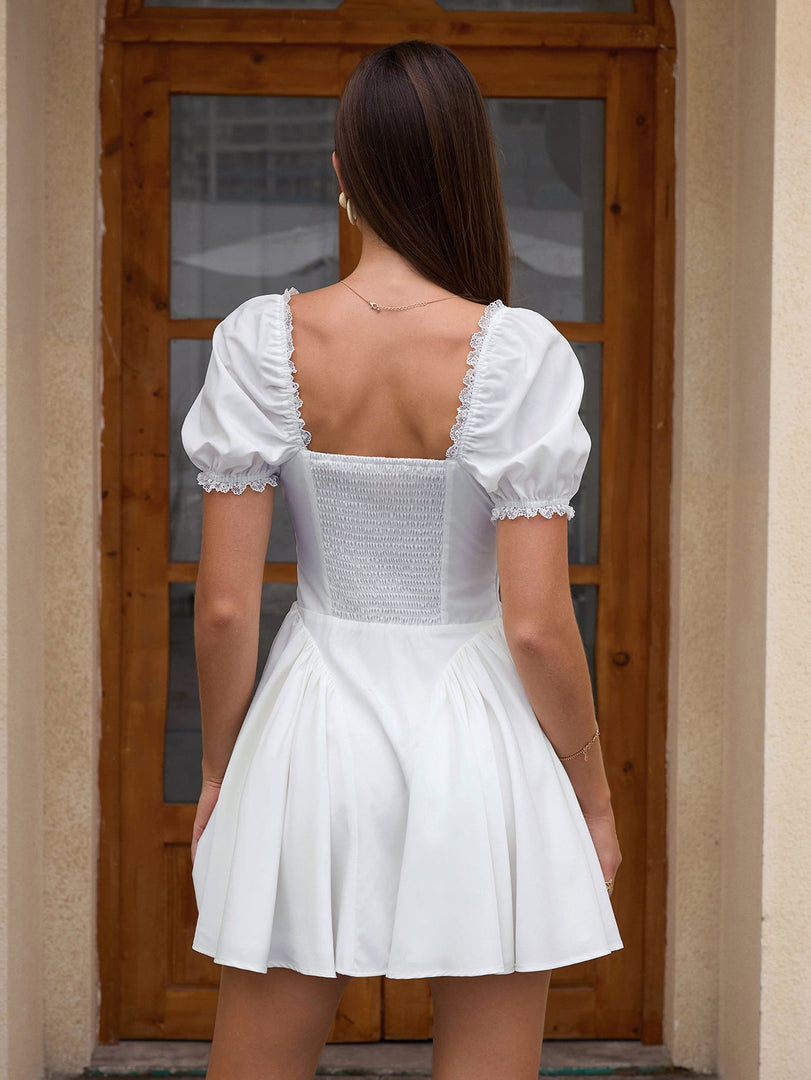 Puff Sleeve Ruched Back Flared Hem Dress | Wedding Guest Dress, Vacation Dress
