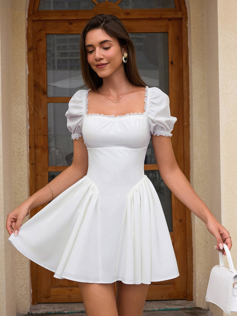 Puff Sleeve Ruched Back Flared Hem Dress | Wedding Guest Dress, Vacation Dress