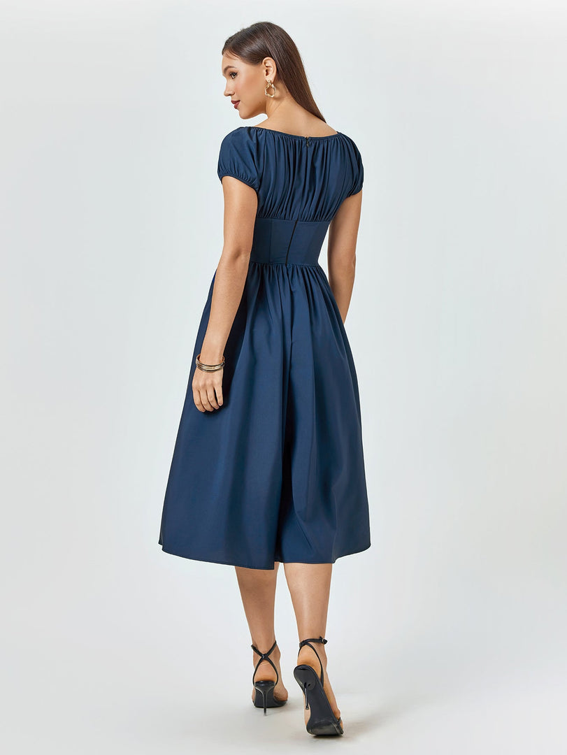 Puff Sleeve Ruched Bust Button Midi Dress | Wedding Guest Dress, Cocktail Dress