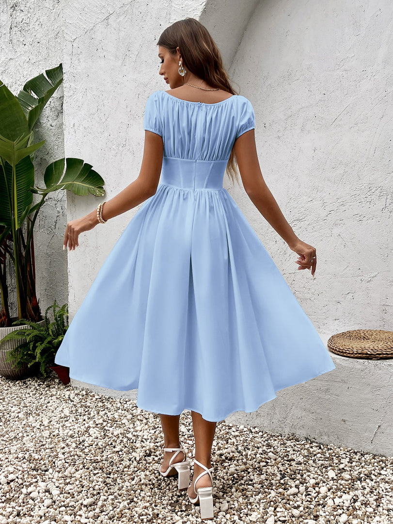 Puff Sleeve Ruched Bust Button Midi Dress | Wedding Guest Dress, Cocktail Dress