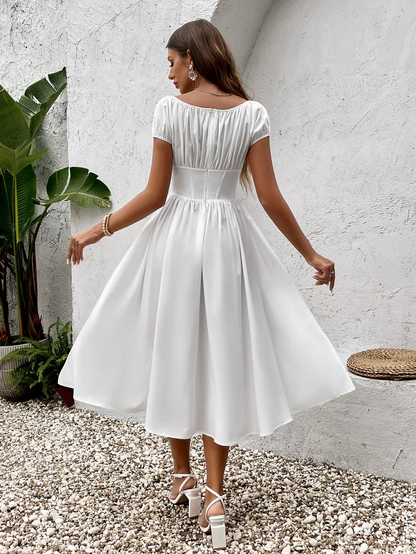 Puff Sleeve Ruched Bust Button Midi Dress | Wedding Guest Dress, Cocktail Dress