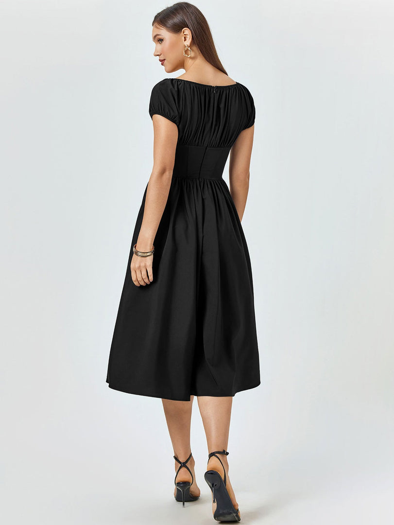 Puff Sleeve Ruched Bust Button Midi Dress | Wedding Guest Dress, Cocktail Dress