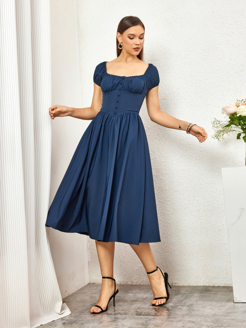 Puff Sleeve Ruched Bust Button Midi Dress | Wedding Guest Dress, Cocktail Dress